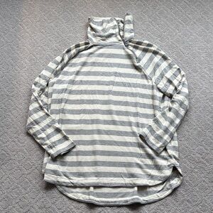 Lou & Grey Turtleneck Striped Zip-Up in Gray and Cream